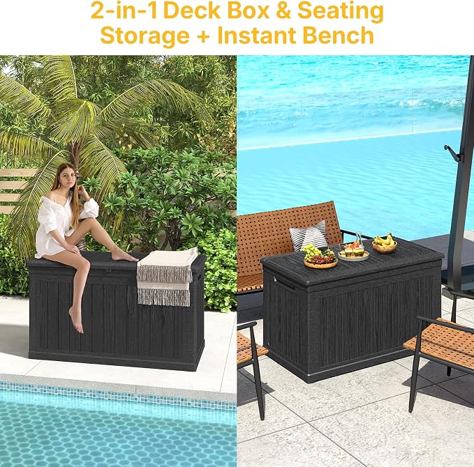 Skepphlay 230 Gallon Deck Box Extra Large, Outdoor Storage Box Lockable, Patio Storage Box Waterproof and UV Resistant, 1000lbs Load Capacity for Garden, Patio, Pool (Black)