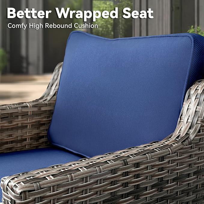 Patio Wicker Chairs Swivel Rocker-Outdoor Swivel Rocker Chair Set of 4 with All Weather Wicker Glider Rocker Set, PE Rattan Swivel Rocking Chair with 2 Side Table for Balcony Deck Porch Grey/Blue