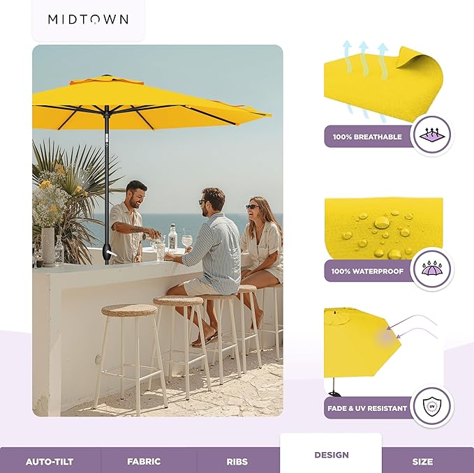 Midtown Umbrellas – The Lean 8 Ft Patio Umbrella with 10-Year-No-Fade Acrylast Acrylic Fabric, Auto-Tilt and 8 Reinforced Ribs for Deck, Pool, Garden, Hotel & Cafes – Studio Yellow Canopy, Black Pole