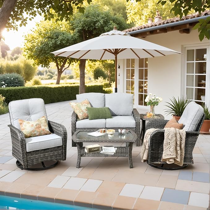5 Pieces Outdoor Patio Furniture Set with Coffee Table, All Weather Wicker Patio Conversation Sets with Rocking Chairs, Balcony Furniture Sets for Backyard, Garden, Poolside, Grey
