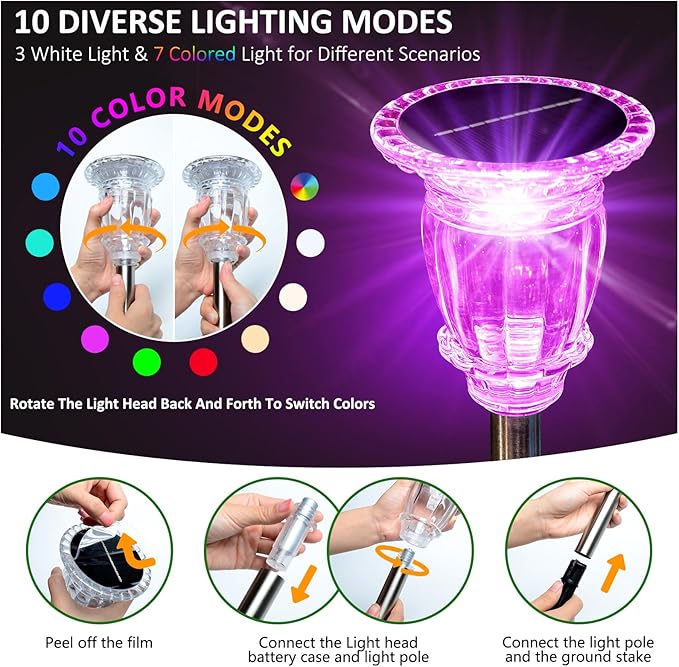 Solar Pathway Lights Outdoor 4 Pack, 10 Modes RGB Color Changing & White Solar Garden Lights, 17.5" IP65 Waterproof Glass Stainless Steel Solar Powered Landscape Lights for Yard Walkway Driveway Patio