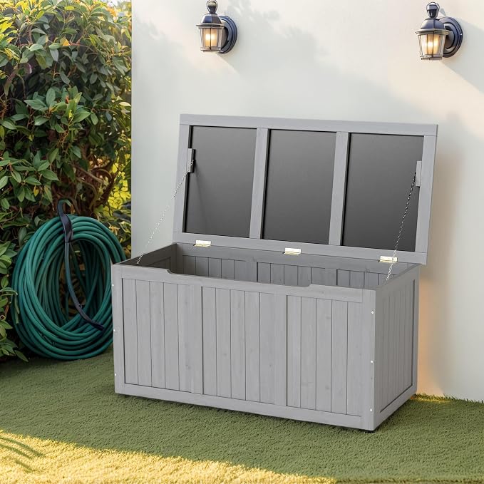 67 Gallon Outdoor Wooden Deck Box Solid Wood Storage Box Seat Table Top for Patio Furniture Cushions, Pool Toys Garden Tools
