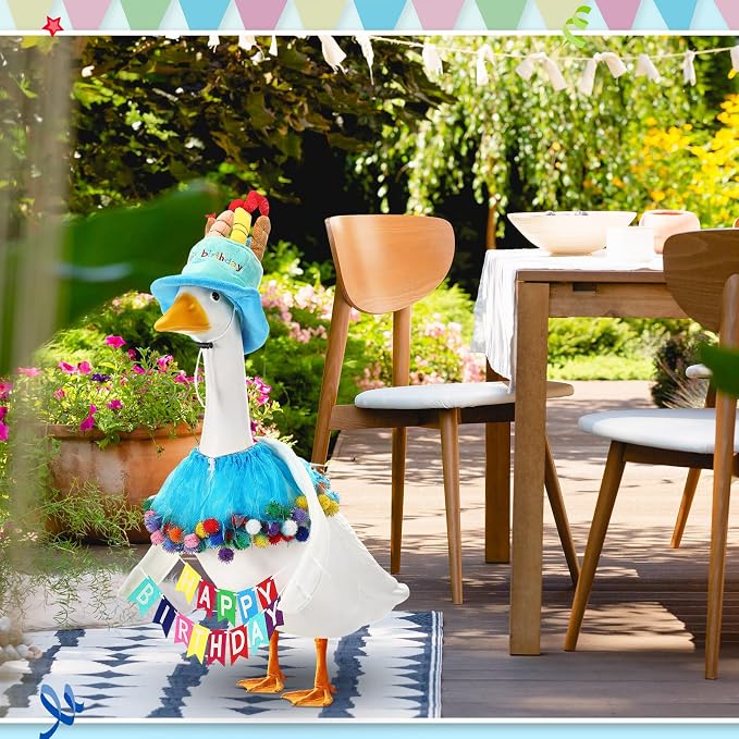 Abbylike 4 Pcs Happy Birthday Porch Goose Outfit for 23" Statues Poseable Porch Goose Wings Birthday Cake Hat for Lawn Patio Outdoor Geese Statue Decoration Accessories(Blue,Gauze Skirt Style)