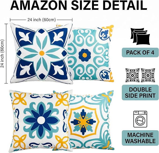 Pyonic Waterproof Outdoor Pillow Covers 24x24 Inch Set of 4 | Double Side Boho Floral Print Outdoor Pillows for Patio Funiture Garden,Blue
