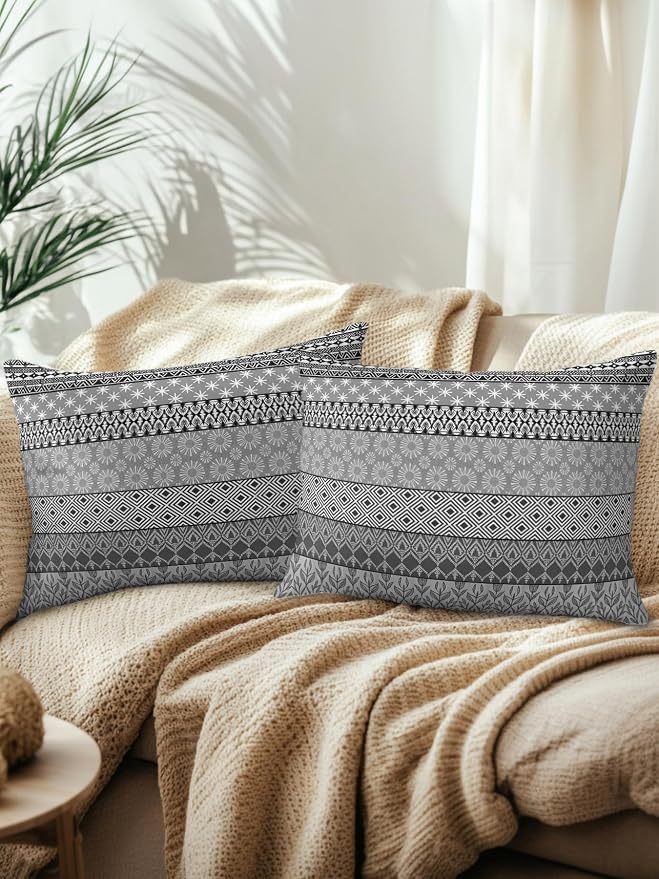 Waterproof Outdoor Pillow Set of 2 Grey Bohemian Decorative Throw Pillows Cover & Insert 20x12 Inch Lumbar Pillowcase Boho Style Floral Leaves Geometric Pillows for Couch Sofa Bed Patio Furniture
