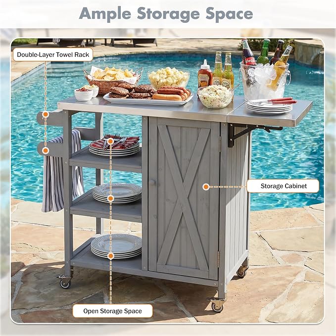 Fold-able Outdoor Storage Box with Stainless Steel Worktop, Fir Wood Patio Storage Cabinet with Lockable Wheels and Towel Rack, 40 Inch Deck Box for Grilling and Garden Tools, Grey