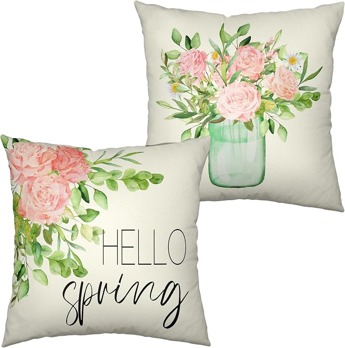 Set of 2 Shabby Chic Throw Pillow Covers Spring Summer Rose Floral Outdoor Pillow Case for Living Room Sofa Bedroom Car Pink Flowers Farmhouse Pillowcase 24x24