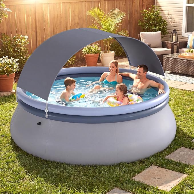 Goplus Inflatable Pool with Canopy, Large Round Above Ground Swimming Pool w/ 2 Air Chambers, Repair Patch, Top Ring Blow Up Pools for Backyard, Lawn, Garden (94.5” x 55.5”)