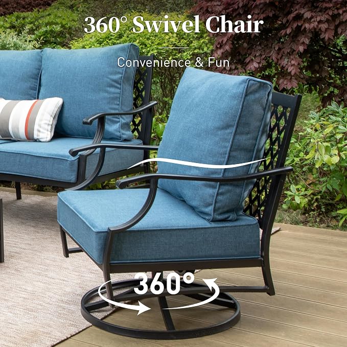 SUNSHINE VALLEY 6 Piece Metal Outdoor Patio Furniture Set, Patio Conversation Sets 1 3-Seater Sofa, 2 Swivel Chair, 2 Leg Chair with 5.75" Thick Cushion and Coffee Table, Backyard Furniture Set, Navy