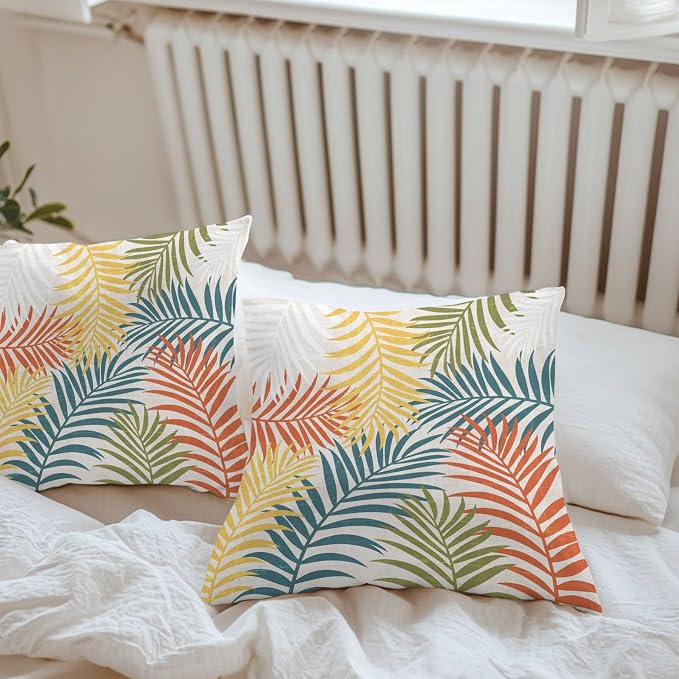 Yellow Green Palm Leaves Outdoor Pillow Covers 18"x18" Set of 2, Summer Botanical Vintage Tropical Leaf Rustic Waterproof Throw Pillow Covers for Patio Furniture, Decorative Cushion Covers for Porch