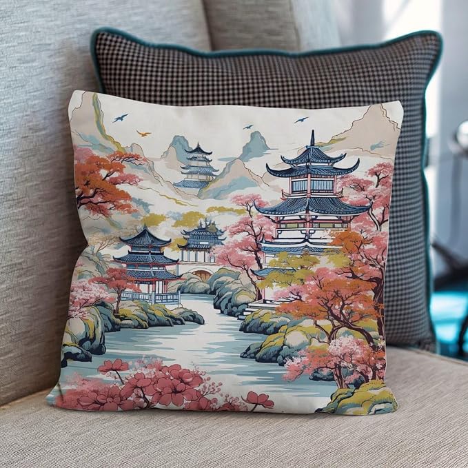 Chinoiserie Pagoda White Coral Blue Throw Pillow Covers Chinoiserie Chic Asian Throw Pillow Cover Retro Throw Pillow Covers Farmhouse Decorative for Patio Furniture Porch 26x26 in