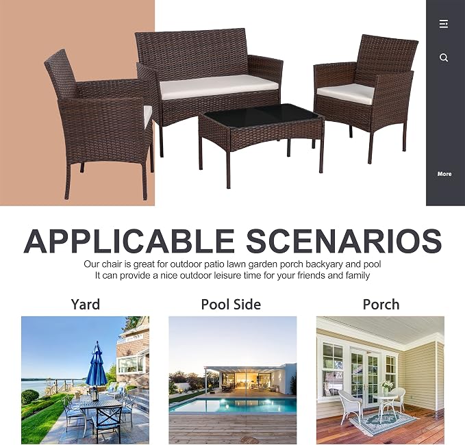 Shintenchi 4 Piece Patio Furniture Sets, Outdoor Small Patio Table and Chairs Set, Rattan Patio Conversation Set, Balcony Porch Furniture with Tempered Glass Coffee Table for Outside, Brown