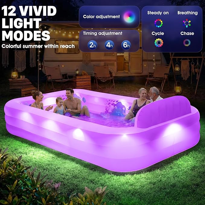 Extra Large Inflatable Pool with Lights,Upgraded Solar Powered Blow Up Pool for Adults,Inflatable Kids Swimming Pool with Seat& Backrest,Big Inflatable Kids Pool for Backyard,119x72x19IN