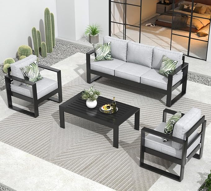 Outdoor Aluminum Furniture Set - 4 Pieces Modern Patio Conversation Sets Metal Sectional Sofa with Coffee Table