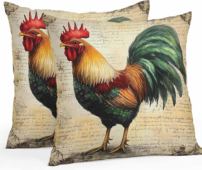 Vintage Rooster Waterproof Outdoor Pillow Covers Set of 2 Home Decor, Retro Farmhouse Country Animal Pillowcase Patio Pillow Covers for Couch Bench Furniture Garden 16x16in