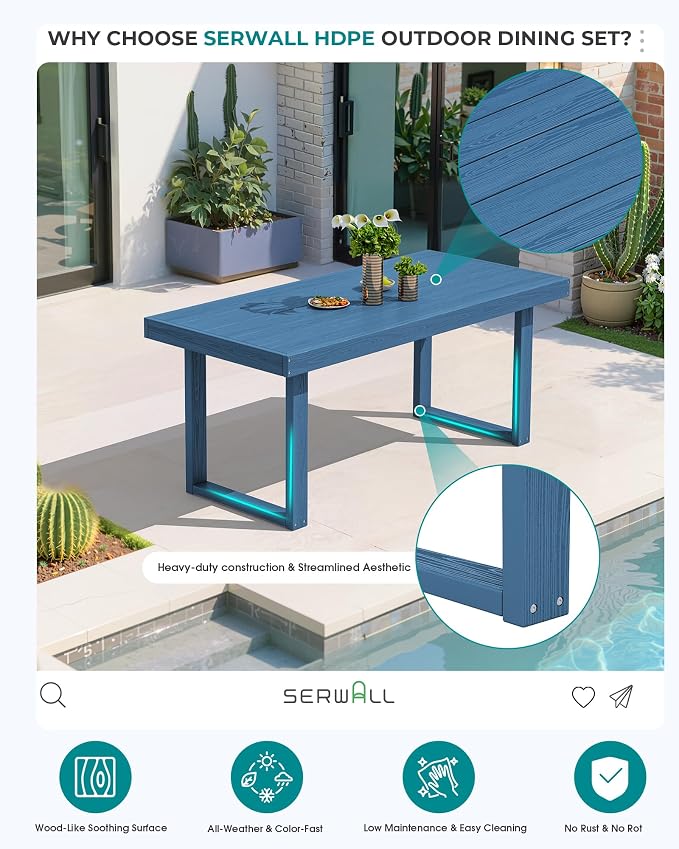 SERWALL HDPE Outdoor Dining Set for 6, 67'' Patio Table and Chairs Set | with Armchair Seat