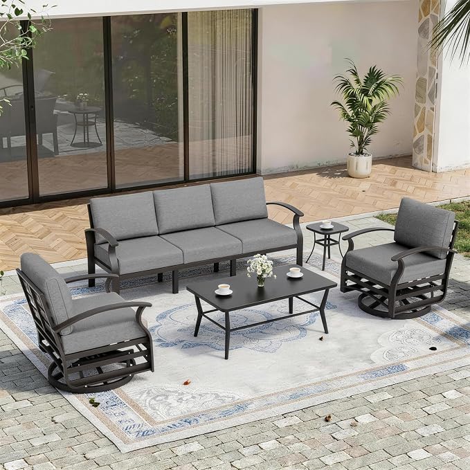 Kurapika Aluminum Patio Furniture Set 5-Seat Modern Outdoor Conversation Sets w/Swivel Rocking Chairs with Rectangular Coffee Table, Grey