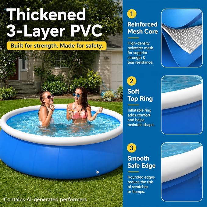 8 Ft Inflatable Swimming Pool for Family, Round Blow Up Pool for Adults, Garden/Lawn, Foldable Storage,Strong and Durable, No Assembly