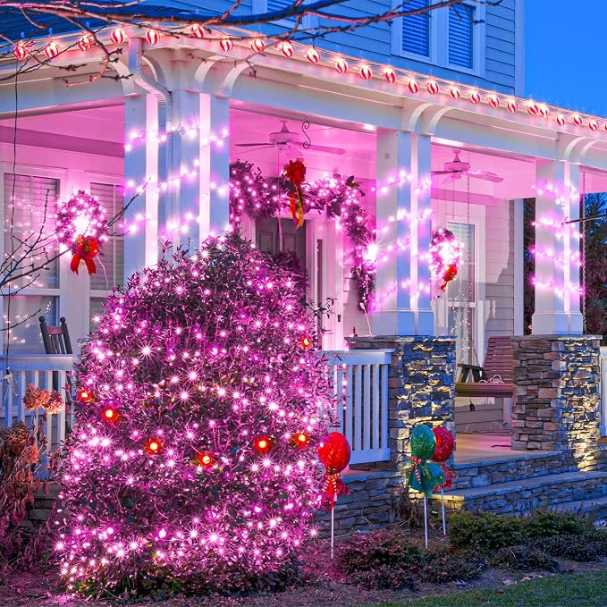 2 Pack Christmas Lights Outdoor, Total 200FT 600 LED Christmas Tree Lights | Pink, Plug in 8 Modes Waterproof String Lights for Outside Indoor Bedroom Home Patio Balcony Xmas Holiday Decorations