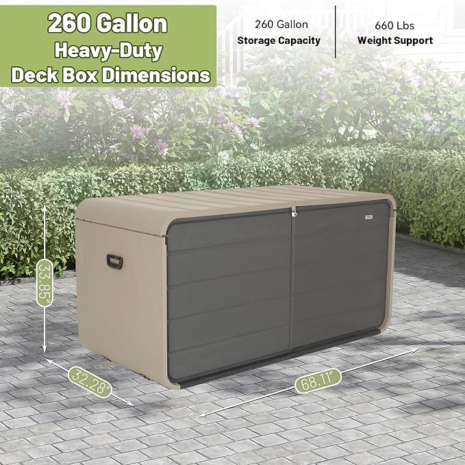 260-Gallon Heavy-Duty Plastic Deck Box with Lock, Wheels & Waterproof Lid – UV-Resistant Outdoor Storage for Cushions, Tools, Pool Supplies (Effortless Opening, Portable, Multi-Use Bench/Table)