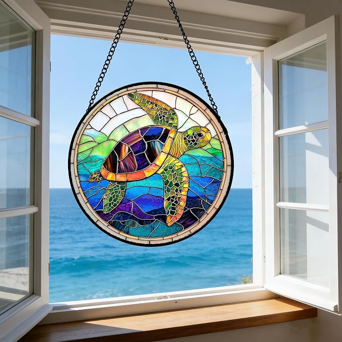 DASTOLL Stained Glass Window Hanging, Colored Turtle Ocean Suncatcher Diamond Glass Panel Hangings Marine Life Sun Catchers Decor for Birthday for Women, Men, Wife, Aunt, Mom 7.8 in