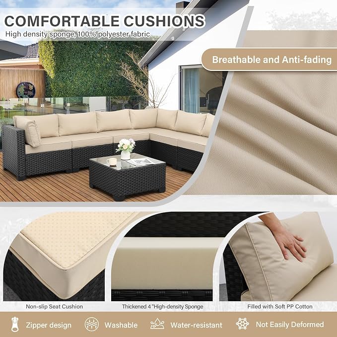 Valita 7 Pieces Outdoor Wicker Furniture Conversation Set Patio Sectional Sofa Set Glass Table with Non-Slip Cushions Furniture Cover, Khaki