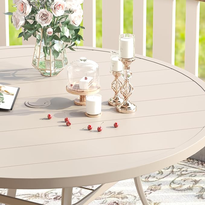 VICLLAX Patio Dining Set for 6, 7 Pieces Outdoor Furniture Includes 47.2" Round Patio Table with Umbrella Hole and 6 Outdoor Swivel Chairs for Lawn Garden, Sandshell Tabletop and Fabric