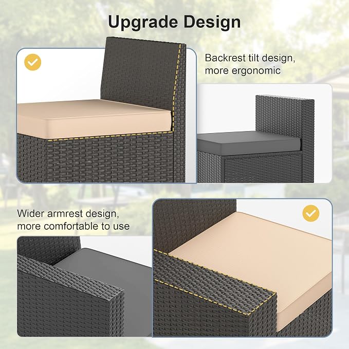 Patio Furniture Set, 6PCS Outdoor Sectional with Ottoman Wicker Rattan Patio Couch with Thickened Cushion Modular Wicker Patio Conversation Set with Glass Top Table for Balcony, Backyard(Kakhi)