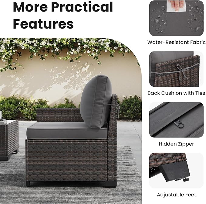 Soohow 6-Piece Patio Furniture Set All-Weather Outdoor Wicker Sectional Conversation Set with Cushion and Glass Table for Garden, Porch, Backyard, Grey Cushions