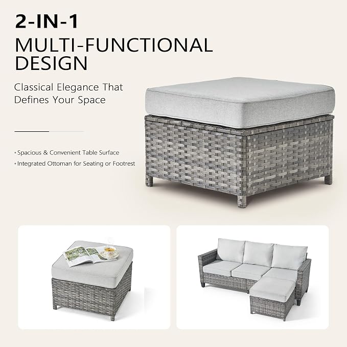 CAODOC 8-Piece Outdoor Wicker Patio Set with 9 Seats, Including 53" Fire Pit - Sectional Sofa and Conversation Set for Backyard or Lawn, Gray Rattan with Waterproof Gray Cushions