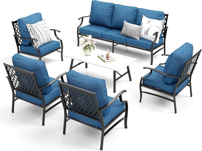 MIXPATIO Patio Furniture Set 6 pcs, Outdoor Patio Furniture, 1 X 3-Seat Sofa, 4 X Single Chairs, 1 X Coffee Table and 5.75" Extra Thick Cushion, Patio Conversation Set,Gemstone Blue