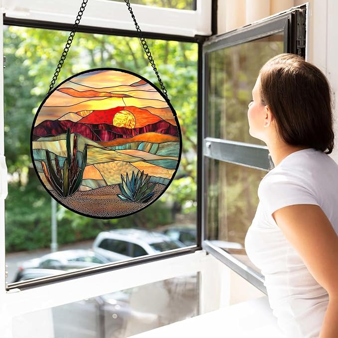 DASTOLL Stained Glass Window Hanging, Golden Landscape Dusk Sunset Suncatcher for Doors Window Home Cactus Sun Catchers Decoration Mother's Day Birthday Gifts for Women, Men, and Mom 9.8 in