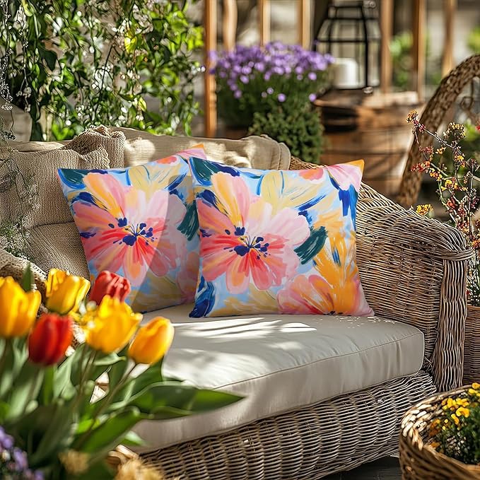 JASEN Waterproof Outdoor Throw Pillow Covers, Colorful Floral Decorative 18x18 Inch for Patio Furniture, Garden & Beach - Pack of 2