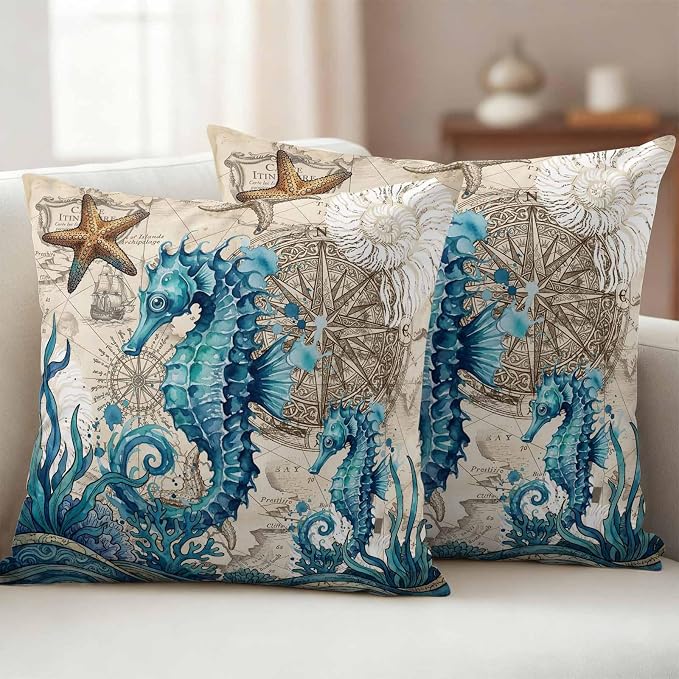 Nautical Coastal Outdoor Pillow Covers 26x26 Inch Throw Pillow Covers Set of 2 Waterproof Decorative Pillow Cases Retro Marine Life Seahorse Compass Map Beige Cushion Covers for Patio Furniture Garden