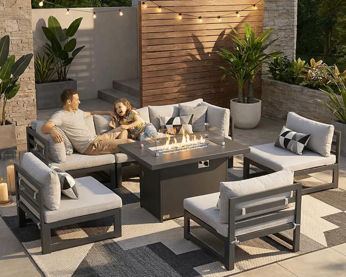 RADIATA 6 Seat Large Luxury Aluminum Patio Conversation Set with Fire Pit Table Propane/Gas, 29 inch Deep Wide Sectional Couch, 500 lbs Heavy Duty All Weather Outdoor Sofa for Backyard, Light Gray