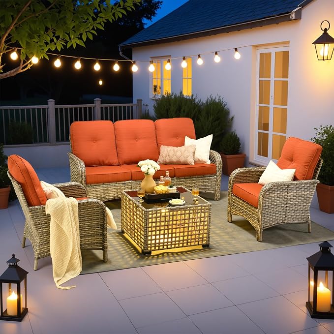 HOOOWOOO Outdoor Patio Furniture Set with Light Table,4 Pieces Wicker Conversation Set,All Weather High Back Couch Sofa Chairs Set,Orange Red