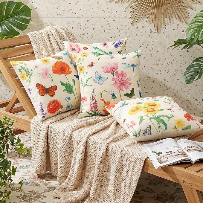 tiggell Outdoor Pillow Covers Waterproof 18x18 Set of 4, Spring Summer Decorative Throw Pillow Covers for Home Garden Patio Couch Swing Sofa Decor