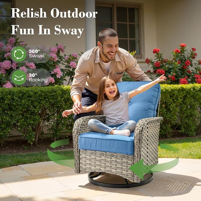 9 Pcs Patio Furniture with Fire Pit Table, Outdoor Rattan Wicker Conversation Set with Glowing Coffee Table, Comfy Sectional Sofa for Porch Balcony Backyard Pool, Light Blue