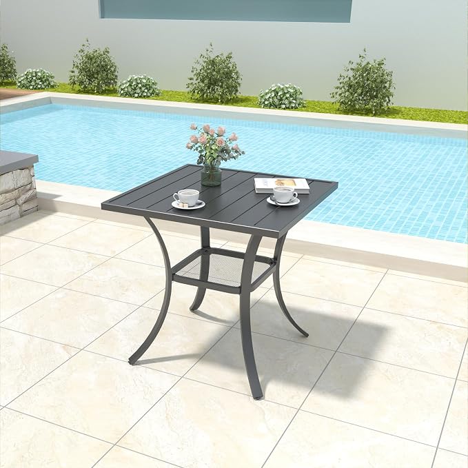 Anmutig 3-Piece Outdoor Dining Set, Powder Coated Steel Table with 2 Stackable Sling Chairs, 27.5 x 27.5 Inch Square Table, Black Fabric