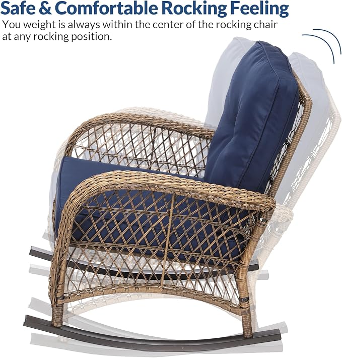 7-Piece Wicker Patio Furniture Sets Outdoor All-Weather Rattan Conversation Set Includes Glider Loveseat, 2 Glass-Top Coffee Tables, 2 Swivel-Rocker Chairs for Porch Backyard, Navy Blue