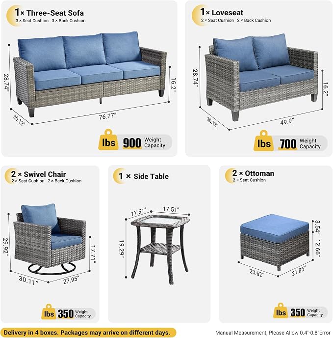 ovios 7 Pieces Patio Furniture Set, Outdoor Wicker Sofa Couch with Swivel Chairs, Rocking Glider Rocker with Comfy Cushions All Weather Rattan Conversation Set, Denim Blue