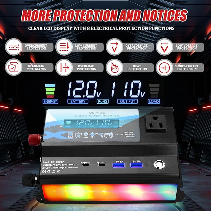 12V/24V Car Power Inverter Converter, Dual Type C Dual USB Dual Cigar Lighter Ambient Light LCD Display Adapter with Wide Compatibility, Suitable for Cars and Trucks (Black, 600W)
