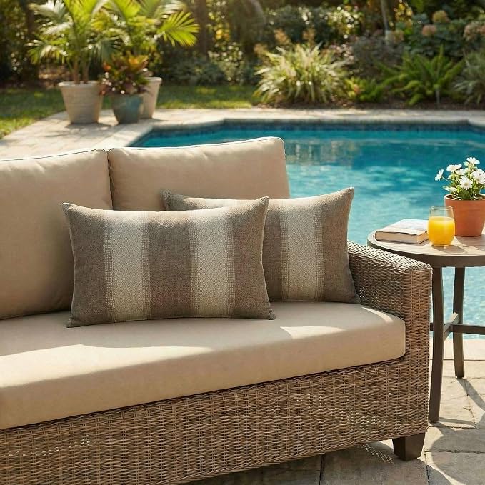 RSH DECOR: Sunbrella Lumbar Throw Pillows Set of 2 | 20" x 12" | Water and Fade-Resistant Performance Fabric | Outdoor Pillow Covers with Down-Alternative Inserts | Made in USA (Pure Intent Mink)