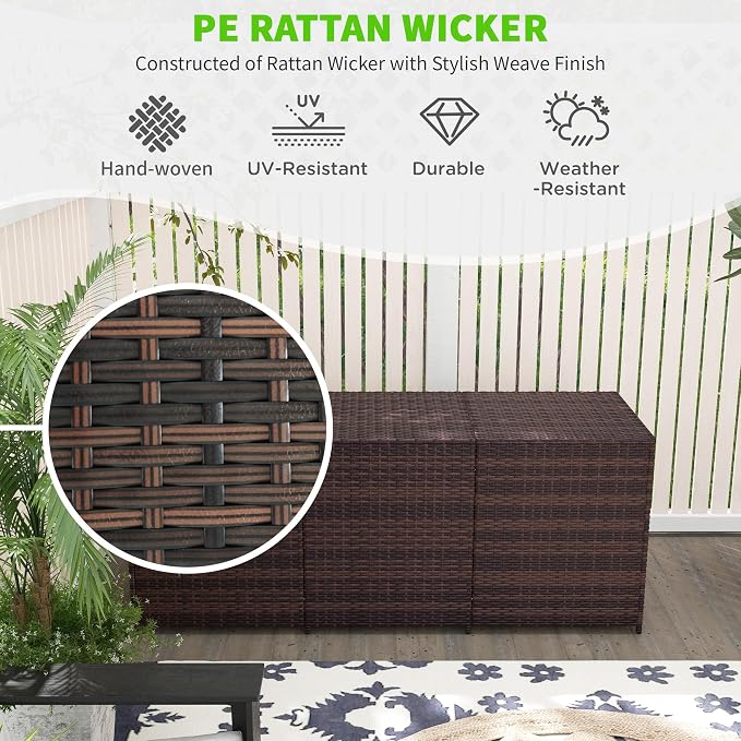 175 Gallon Outdoor Storage Box with Inner Liner, PE Rattan Wicker Deck Box with Bar Lift for Indoor Outdoor, Patio Furniture Cushions, Pool Toys, Garden Tools, Mixed Brown