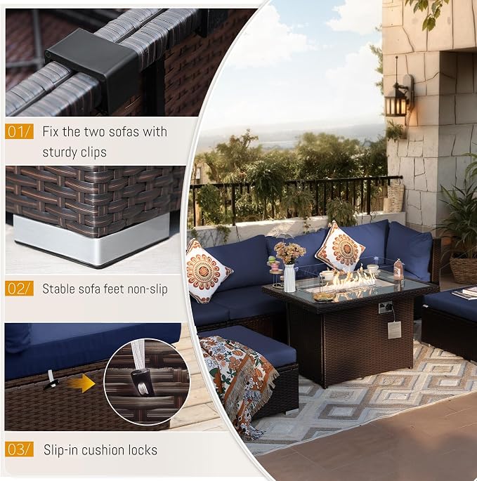 BULEXYARD 9 Pcs High Back Outdoor Sectional Set with Firepit Table, Luxury Patio Furniture Seating Set, Oversized Wide Deep Modular 8-Seater Couch Sofa for Backyard, Brown Wicker & Navy Blue Cushion