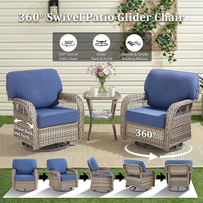Patio Furniture Sets, 6 PCS Wicker Outdoor Furniture with Patio Sidetables - Patio Swivel Rocking Chairs and Rattan Side Table for Garden, Porch, Backyard, Blue/Gray Wicker