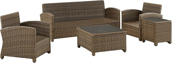 Crosley Furniture Bradenton 5-Piece Outdoor Sofa Patio Furniture Set, Wicker Conversation Sets for Porch, Brown with Gray Cushions