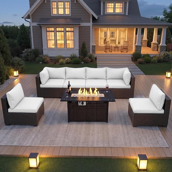 CHABATREE 8-Piece Wicker Patio Conversation Set with 44" Propane Fire Pit Table, Cozy Outdoor Sectional Sofa for Backyard Gatherings, Poolside Lounging & Garden Parties