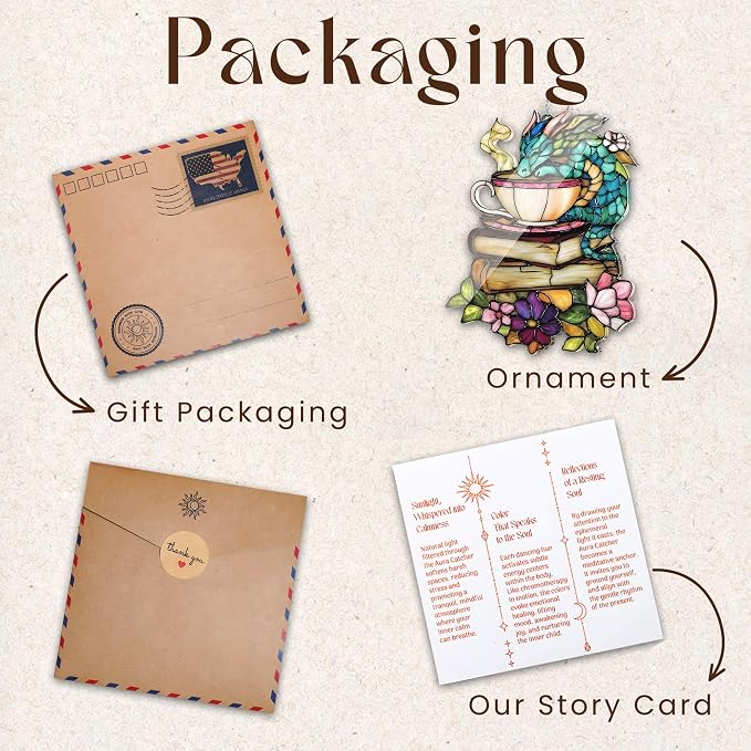 Book Dragon Floral Teacup Acrylic Suncatcher, Bookish Suncatchers for Window Hanging Ornament, Art Garden Decor for Book Lover Reader Bookworm, Gifts for Mother's Day, Mom, Grandma, Wife, Women, Nana