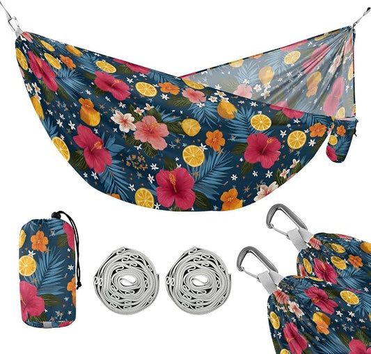 Camping Hammock Outdoor Hammocks for Outside Hibiscus Flower Lemon Beach Trees Portable Lightweight with Pockets Tree Straps Indoor